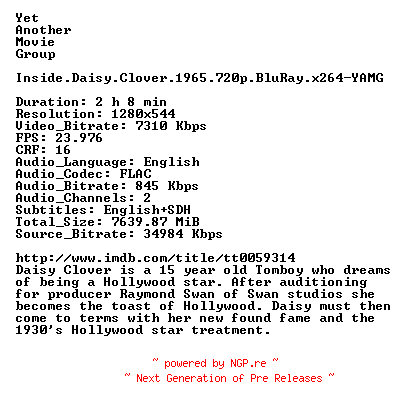NFO for the release Inside.Daisy.Clover.1965.720p.BluRay.x264-YAMG by YAMG