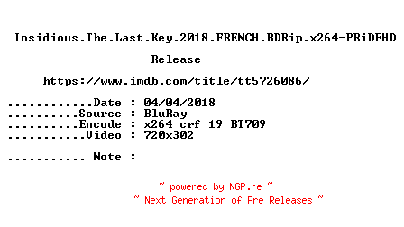 NFO for the release Insidious.The.Last.Key.2018.FRENCH.BDRip.x264-PRiDEHD by PRiDEHD