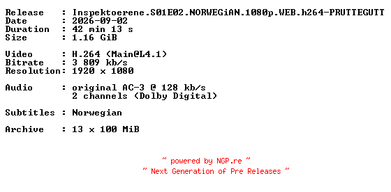 NFO for the release Inspektoerene.S01E02.NORWEGiAN.1080p.WEB.h264-PRUTTEGUTT by PRUTTEGUTT