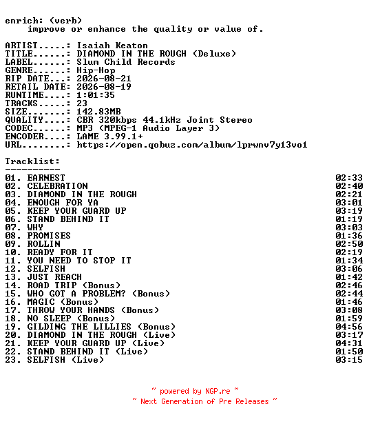 NFO for the release Isaiah_Keaton-DIAMOND_IN_THE_ROUGH_(Deluxe)-WEB-2026-ENRiCH by ENRiCH