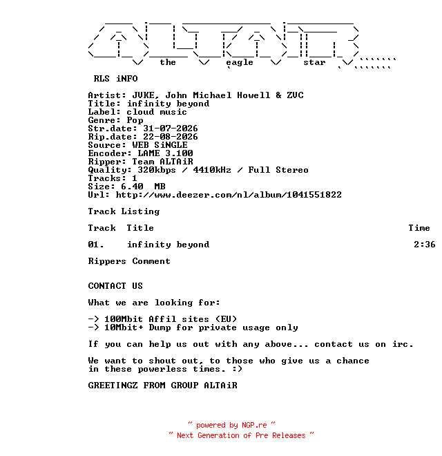 NFO for the release JVKE_John_Michael_Howell_and_ZVC_-_Infinity_beyond-SINGLE-WEB-2026-ALTAiR by ALTAiR