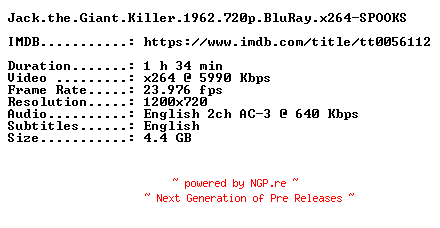 NFO for the release Jack.the.Giant.Killer.1962.720p.BluRay.x264-SPOOKS by SPOOKS