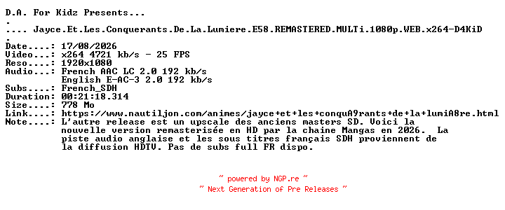 NFO for the release Jayce.Et.Les.Conquerants.De.La.Lumiere.E58.REMASTERED.MULTi.1080p.WEB.x264-D4KiD by D4KiD