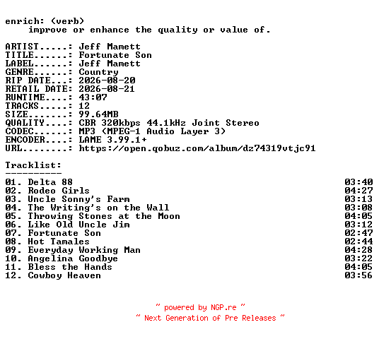 NFO for the release Jeff_Mamett-Fortunate_Son-WEB-2026-ENRiCH by ENRiCH