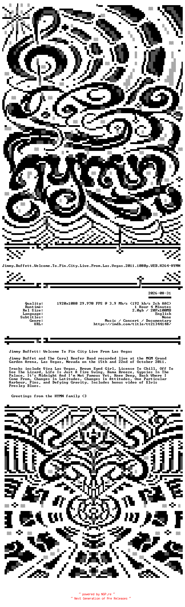 NFO for the release Jimmy.Buffett.Welcome.To.Fin.City.Live.From.Las.Vegas.2011.1080p.WEB.H264-HYMN by HYMN