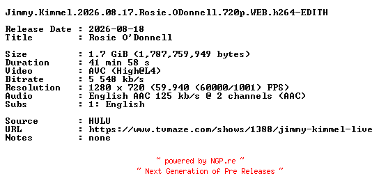 NFO for the release Jimmy.Kimmel.2026.08.17.Rosie.ODonnell.720p.WEB.h264-EDITH by EDITH