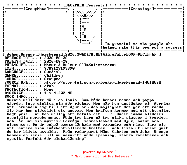 NFO for the release Johan.Unenge.Djurskepnad.2026.SWEDiSH.RETAiL.ePub.eBOOK-DECiPHER by DECiPHER