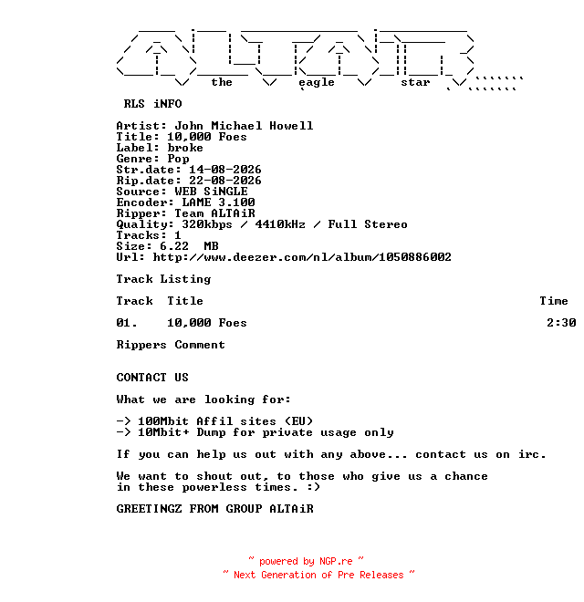 NFO for the release John_Michael_Howell_-_10000_Foes-SINGLE-WEB-2026-ALTAiR by ALTAiR