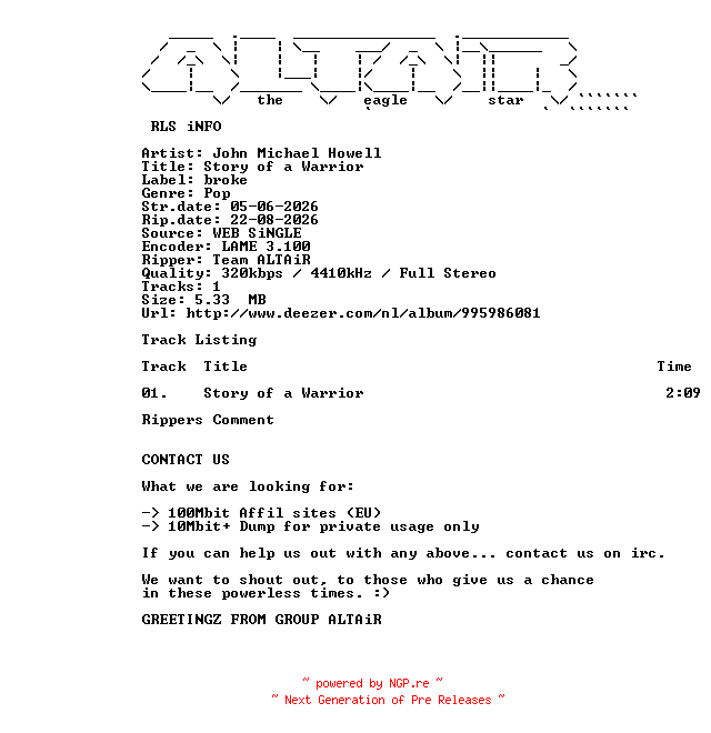 NFO for the release John_Michael_Howell_-_Story_Of_A_Warrior-SINGLE-WEB-2026-ALTAiR by ALTAiR