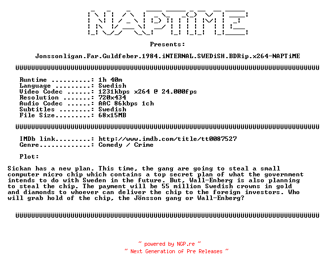NFO for the release Jonssonligan.Far.Guldfeber.1984.iNTERNAL.SWEDiSH.BDRip.x264-NAPTiME by NAPTiME