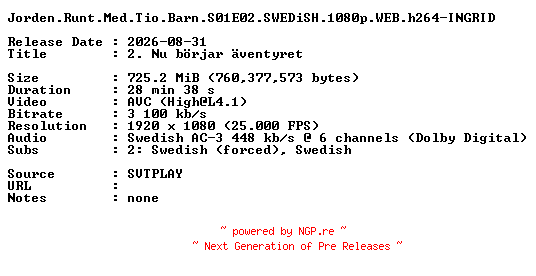 NFO for the release Jorden.Runt.Med.Tio.Barn.S01E02.SWEDiSH.1080p.WEB.h264-INGRID by INGRID