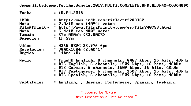 NFO for the release Jumanji.Welcome.To.The.Jungle.2017.MULTi.COMPLETE.UHD.BLURAY-COJONUDO by COJONUDO