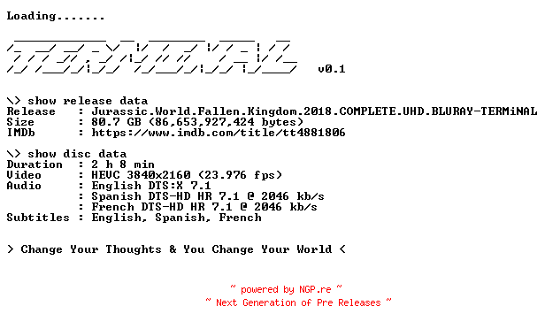 NFO for the release Jurassic.World.Fallen.Kingdom.2018.COMPLETE.UHD.BLURAY-TERMiNAL by TERMiNAL