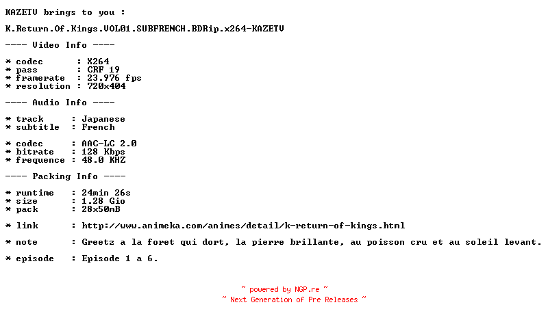 NFO for the release K.Return.Of.Kings.VOL01.SUBFRENCH.BDRip.x264-KAZETV by KAZETV