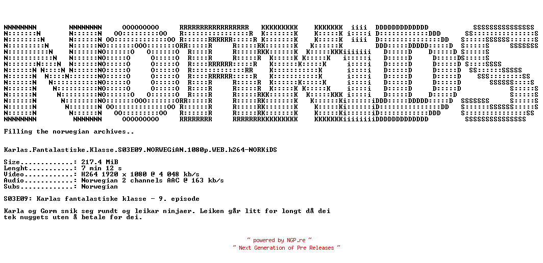 NFO for the release Karlas.Fantalastiske.Klasse.S03E09.NORWEGiAN.1080p.WEB.h264-NORKiDS by NORKiDS