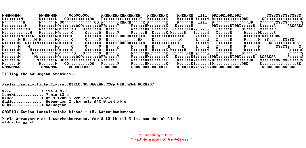 NFO for the release Karlas.Fantalastiske.Klasse.S03E10.NORWEGiAN.720p.WEB.h264-NORKiDS by NORKiDS