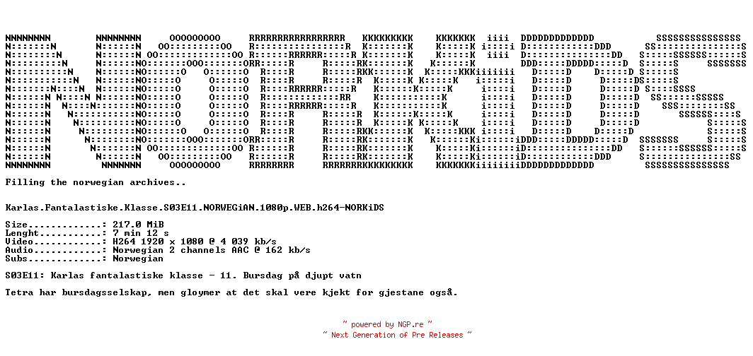 NFO for the release Karlas.Fantalastiske.Klasse.S03E11.NORWEGiAN.1080p.WEB.h264-NORKiDS by NORKiDS