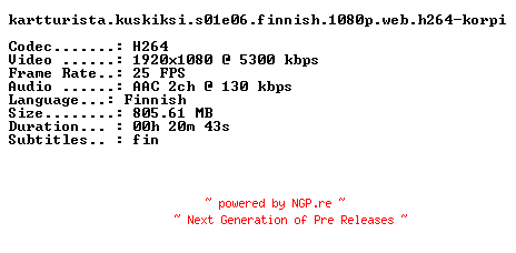 NFO for the release Kartturista.Kuskiksi.S01E06.FiNNiSH.1080p.WEB.H264-KORPI by KORPI