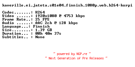 NFO for the release Kaverille.Ei.Jateta.S01E04.FiNNiSH.1080p.WEB.H264-KORPI by KORPI