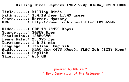 NFO for the release Killing.Birds.Raptors.1987.720p.BluRay.x264-ORBS by ORBS