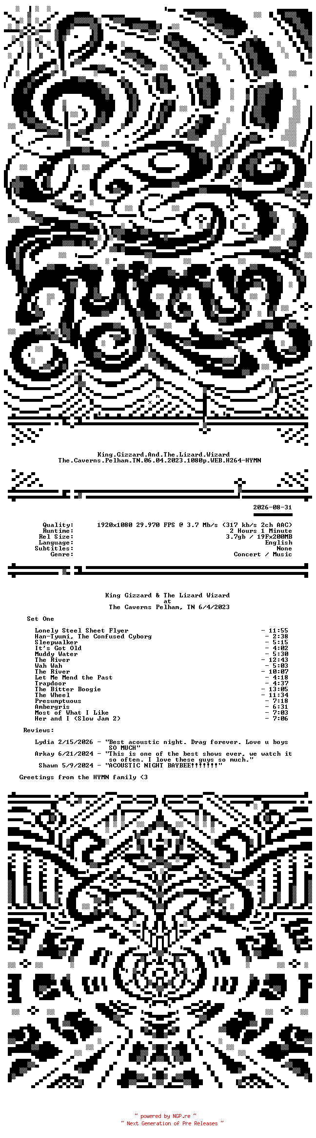 NFO for the release King.Gizzard.And.The.Lizard.Wizard.The.Caverns.Pelham.TN.06.04.2023.1080p.WEB.H264-HYMN by HYMN