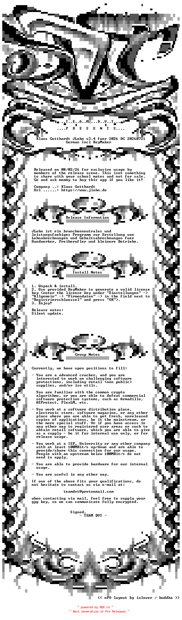 NFO for the release Klaus.Gotthardt.JLohn.v3.4.fuer.2026.DC.20260721.German.Incl.KeyMaker-DVT by DVT