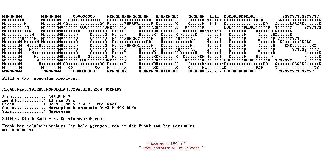 NFO for the release Klubb.Kaos.S01E03.NORWEGiAN.720p.WEB.h264-NORKiDS by NORKiDS