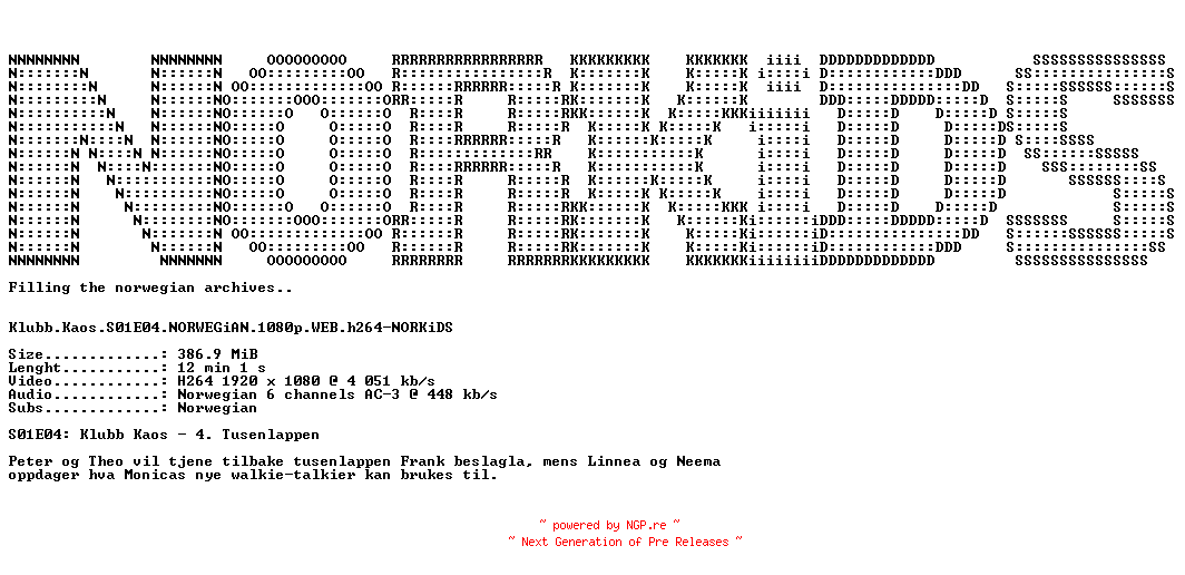 NFO for the release Klubb.Kaos.S01E04.NORWEGiAN.1080p.WEB.h264-NORKiDS by NORKiDS