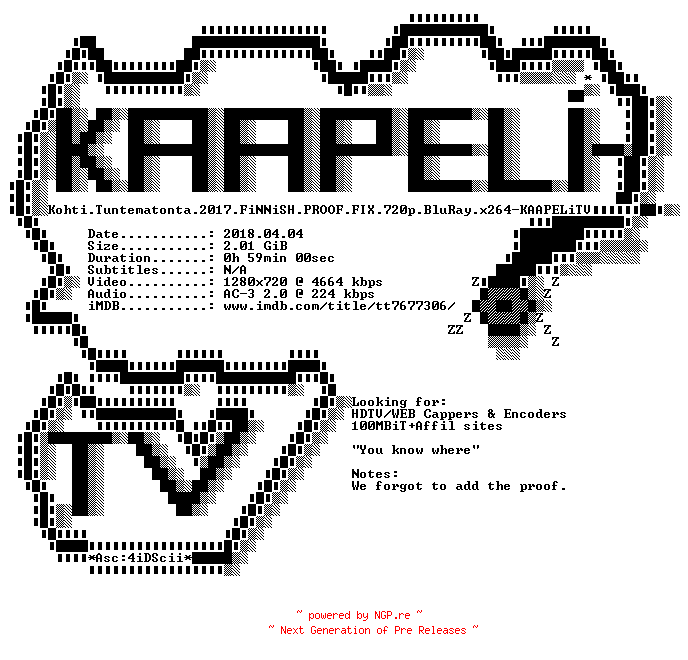 NFO for the release Kohti.Tuntematonta.2017.FiNNiSH.PROOF.FIX.720p.BluRay.x264-KAAPELiTV by KAAPELiTV