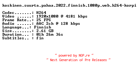NFO for the release Koskinen.Suurta.Pahaa.2022.FiNNiSH.1080p.WEB.H264-KORPI by KORPI