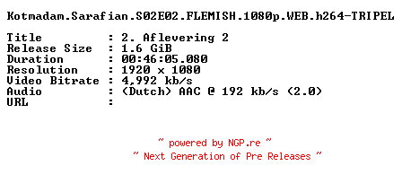 NFO for the release Kotmadam.Sarafian.S02E02.FLEMISH.1080p.WEB.h264-TRIPEL by TRIPEL