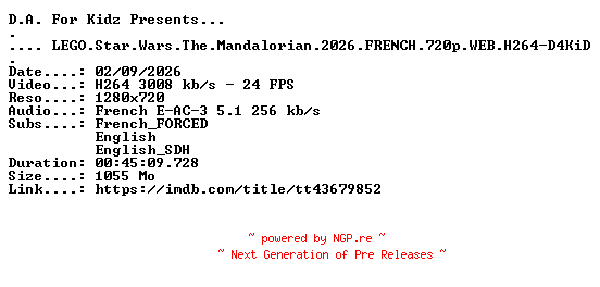 NFO for the release LEGO.Star.Wars.The.Mandalorian.2026.FRENCH.720p.WEB.H264-D4KiD by D4KiD