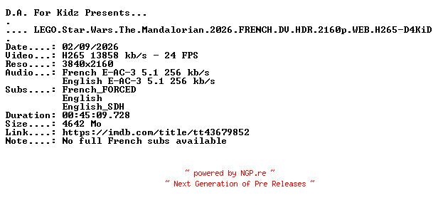 NFO for the release LEGO.Star.Wars.The.Mandalorian.2026.FRENCH.DV.HDR.2160p.WEB.H265-D4KiD by D4KiD