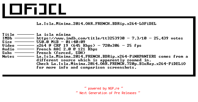 NFO for the release La.Isla.Minima.2014.OAR.FRENCH.BDRip.x264-LOFiDEL by LOFiDEL