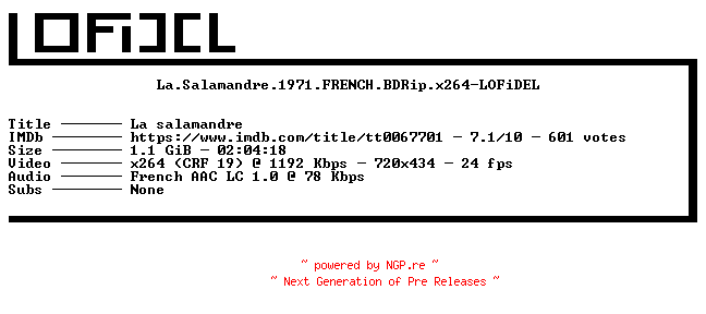 NFO for the release La.Salamandre.1971.FRENCH.BDRip.x264-LOFiDEL by LOFiDEL