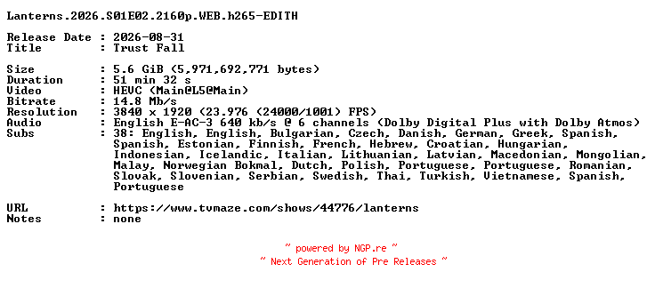 NFO for the release Lanterns.2026.S01E02.2160p.WEB.h265-EDITH by EDITH