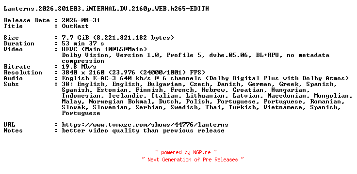 NFO for the release Lanterns.2026.S01E03.iNTERNAL.DV.2160p.WEB.h265-EDITH by EDITH