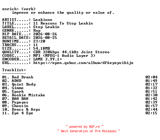 NFO for the release Leakionn-11_Reasons_To_Stop_Leakin-WEB-2026-ENRiCH by ENRiCH