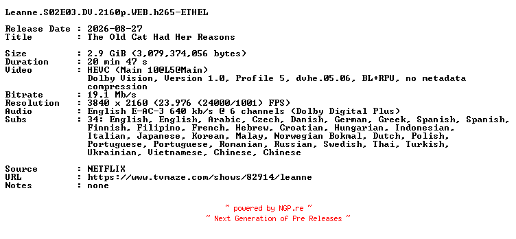 NFO for the release Leanne.S02E03.DV.2160p.WEB.h265-ETHEL by ETHEL