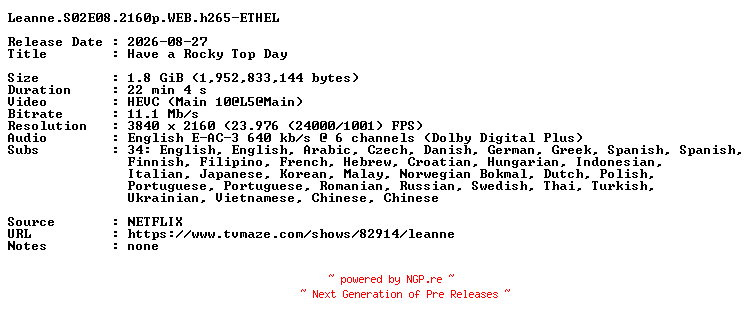 NFO for the release Leanne.S02E08.2160p.WEB.h265-ETHEL by ETHEL