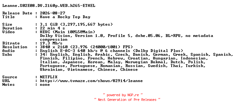 NFO for the release Leanne.S02E08.DV.2160p.WEB.h265-ETHEL by ETHEL