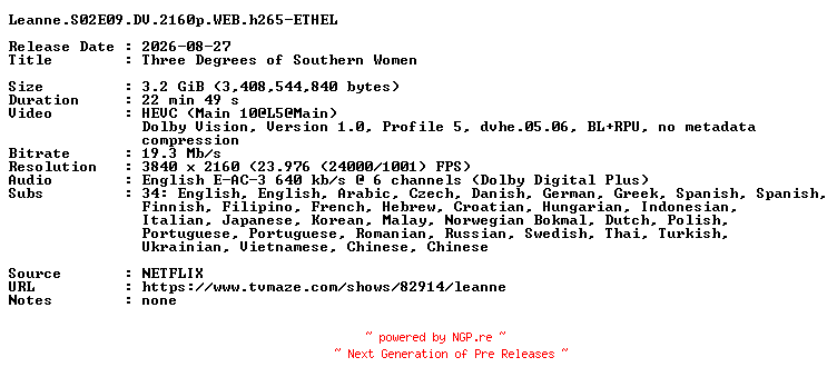 NFO for the release Leanne.S02E09.DV.2160p.WEB.h265-ETHEL by ETHEL
