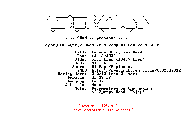 NFO for the release Legacy.Of.Zyzzyx.Road.2024.720p.BluRay.x264-GRAM by GRAM