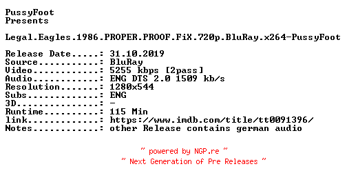 NFO for the release Legal.Eagles.1986.PROPER.PROOF.FiX.720p.BluRay.x264-PussyFoot by PussyFoot