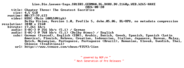 NFO for the release Lion.Die.Loewen-Saga.S01E03.GERMAN.DL.DOKU.DV.2160p.WEB.h265-HAXE by HAXE