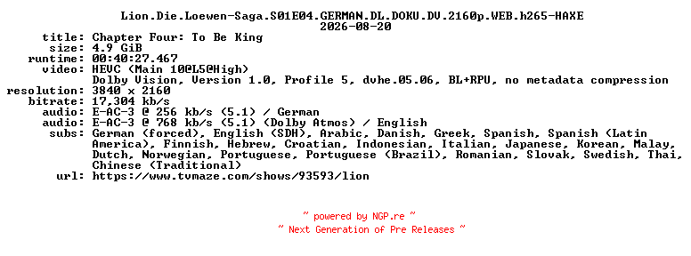 NFO for the release Lion.Die.Loewen-Saga.S01E04.GERMAN.DL.DOKU.DV.2160p.WEB.h265-HAXE by HAXE
