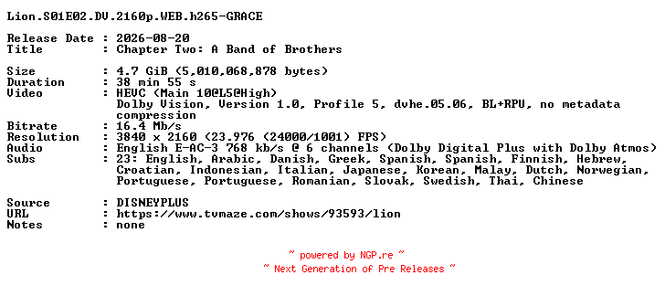 NFO for the release Lion.S01E02.DV.2160p.WEB.h265-GRACE by GRACE