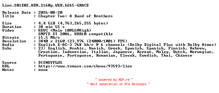 NFO for the release Lion.S01E02.HDR.2160p.WEB.h265-GRACE by GRACE