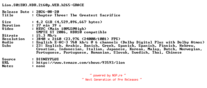 NFO for the release Lion.S01E03.HDR.2160p.WEB.h265-GRACE by GRACE