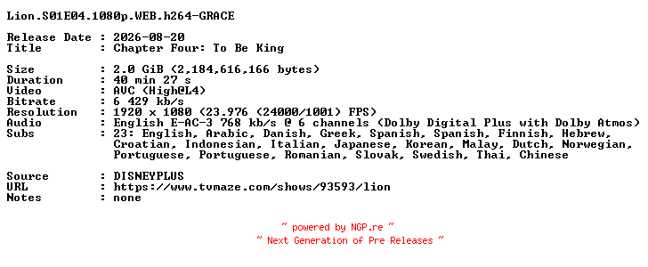 NFO for the release Lion.S01E04.1080p.WEB.h264-GRACE by GRACE